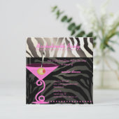 Zebra/roze martini Bachelorette Party Kaart (Staand voorkant)