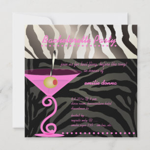 Zebra/roze martini Bachelorette Party Kaart