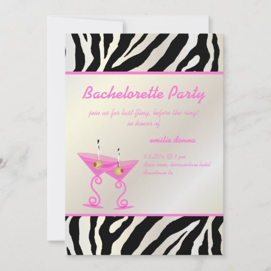 Zebra/roze martini Bachelorette Party Kaart (Voorkant)