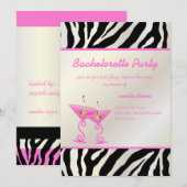 Zebra/roze martini Bachelorette Party Kaart (Voorkant / Achterkant)