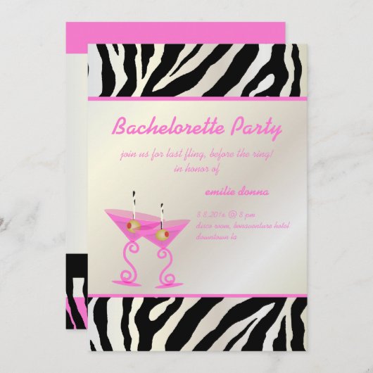 Zebra/roze martini Bachelorette Party Kaart (Voorkant / Achterkant)