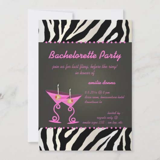 Zebra/roze martini Bachelorette Party Kaart (Voorkant)
