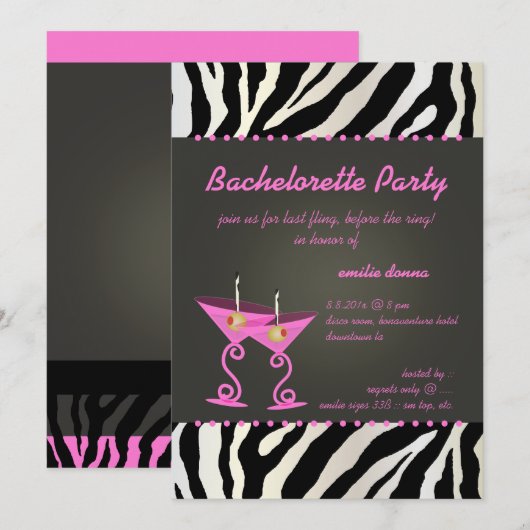 Zebra/roze martini Bachelorette Party Kaart (Voorkant / Achterkant)