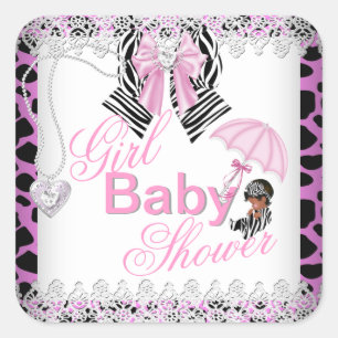 Zebra Roze Meisje Baby shower Afrikaans Amerikaans Vierkante Sticker