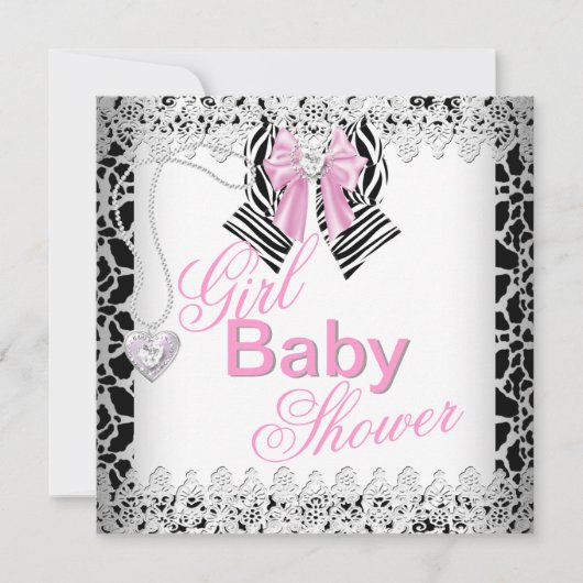 Zebra Roze Meisje Baby Shower Kant Kaart (Voorkant)
