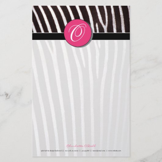 zebra; roze monogram briefpapier (Voorkant)