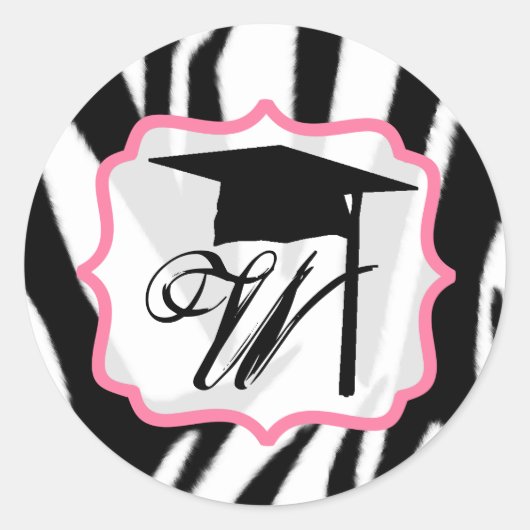 Zebra & Roze Monogram Graduatie Cap Sticker (Voorkant)