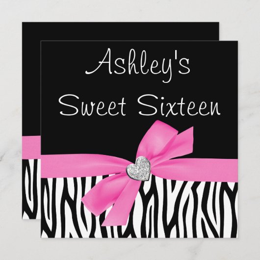 Zebra Roze Ruiteb Diamond Sweet 16 Uitnodigingen (Voorkant / Achterkant)