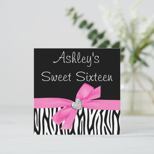 Zebra Roze Ruiteb Diamond Sweet 16 Uitnodigingen (Staand voorkant)