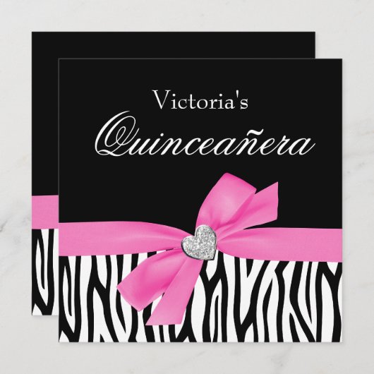 Zebra Roze Ruitenant Quinceanera Uitnodigingen (Voorkant / Achterkant)