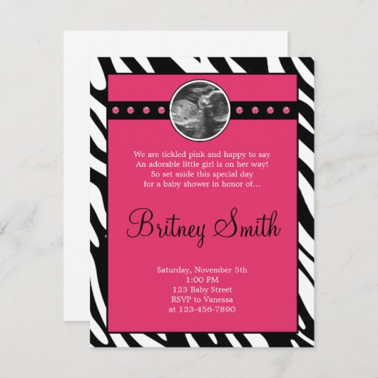 Zebra roze Sonogram Foto Baby shower Uitnodiging (Voorkant / Achterkant)