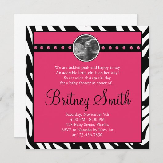 Zebra roze Sonogram Foto Baby shower Uitnodiging (Voorkant / Achterkant)