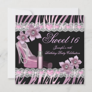 Zebra Roze Zwart Sweet Sixteen 16 Feest Lippenstif Kaart