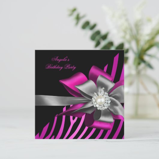 Zebra roze zwarte zilver Bow Parelplein Kaart (Staand voorkant)