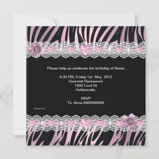 Zebra roze zwarte zoete zestien zoete partij 16 kaart (Achterkant)