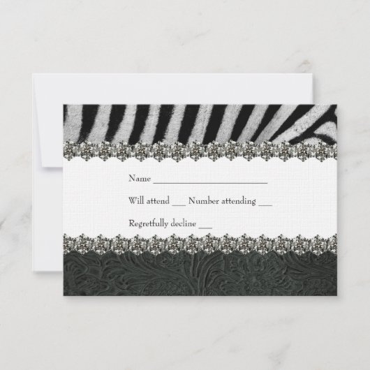 Zebra RSVP Rhinestone Black Leather RSVP Kaartje (Voorkant)