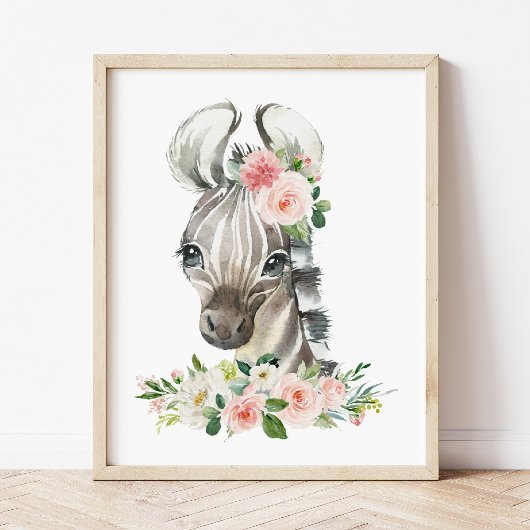 Zebra, Safari, Jungle, Roze Bloemen, Meisjes Nurse Poster