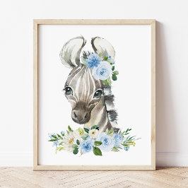 Zebra, Safari, Oerwoud, Blue Flowers, Boy Nursery Foto Afdruk
