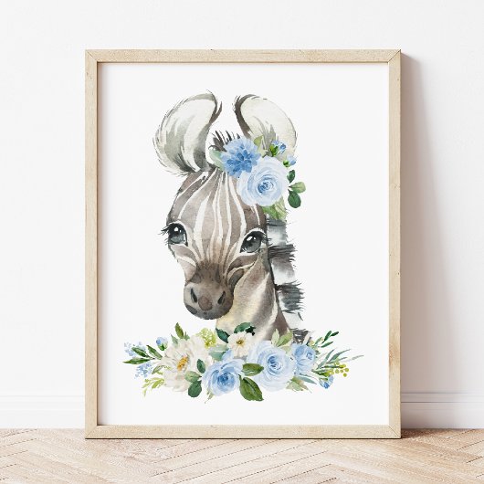 Zebra, Safari, Oerwoud, Blue Flowers, Boy Nursery Foto Afdruk