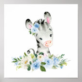 Zebra, Safari, Oerwoud, Blue Flowers, Boy Nursery Poster (Voorkant)