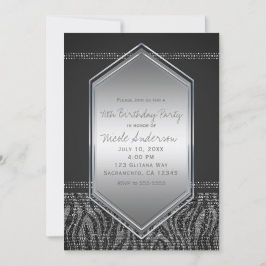 Zebra Silver Grey Glam Verjaardagsfeest Elk Evenem Kaart (Voorkant)