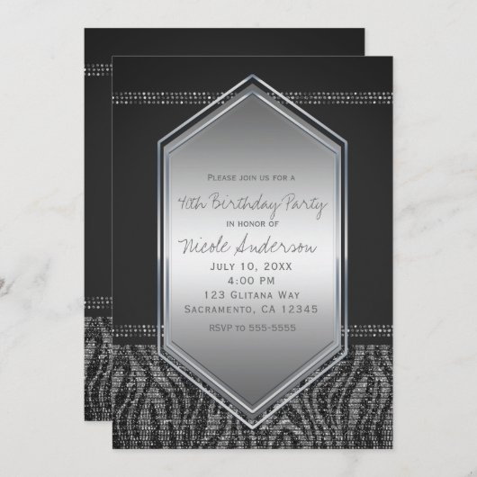 Zebra Silver Grey Glam Verjaardagsfeest Elk Evenem Kaart (Voorkant / Achterkant)
