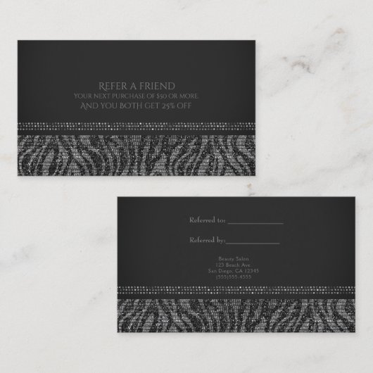 Zebra Silver Sparkle Glam Chic Verwijs een vriend Aanbevelingskaartje (Voorkant / Achterkant)