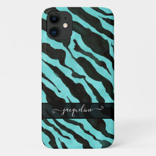 Zebra Skin Pattern Aqua Blue Black Chic Name Case-Mate iPhone Case