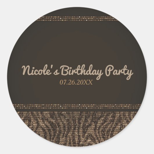 Zebra Sparkle Brown Gold Glam Party Favor Ronde Sticker (Voorkant)