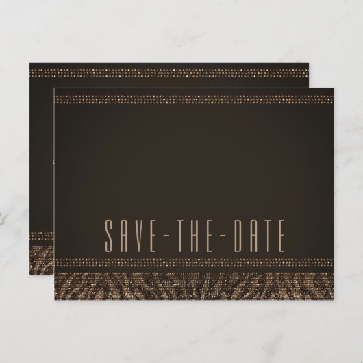 Zebra Sparkle Brown Gold Glam Save the Date Aankondigingskaart (Voorkant / Achterkant)
