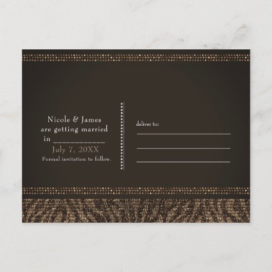 Zebra Sparkle Brown Gold Glam Save the Date Aankondigingskaart (Achterkant)