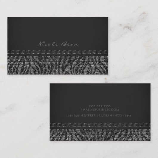 Zebra Sparkle Silver Black Glam Chic Elegant Bling Visitekaartje (Voorkant / Achterkant)