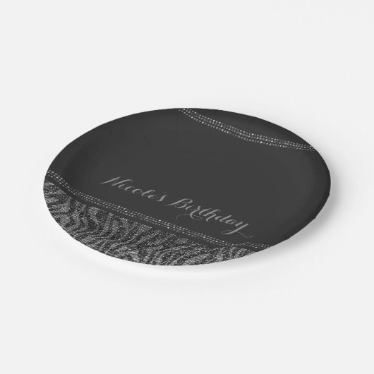 Zebra Sparkle Silver Black Glam Chic Elegant Papieren Bordje (Gekanteld)