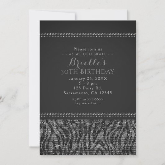 Zebra Sparkle Silver & Black Glam Party Invitation Kaart (Voorkant)