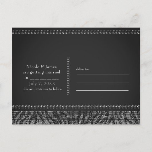 Zebra Sparkle Silver & Black Glam Save the Date Aankondigingskaart (Achterkant)