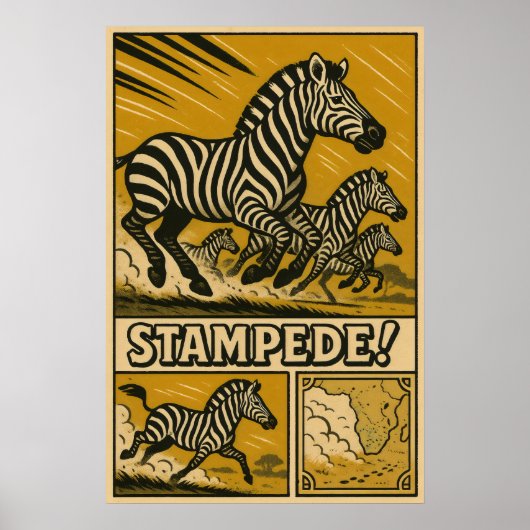 Zebra Stampede Retro Safari Art Poster (Voorkant)