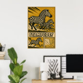 Zebra Stampede Retro Safari Kunst Poster (Thuiskantoor)