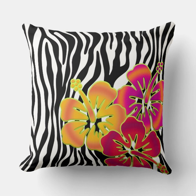 Zebra Strepen patroon + hibiscus bloemen Kussen (Voorkant)