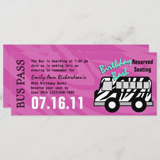 Zebra Stripe Bus Pass verjaardagsfeestje Kaart (Voorkant / Achterkant)