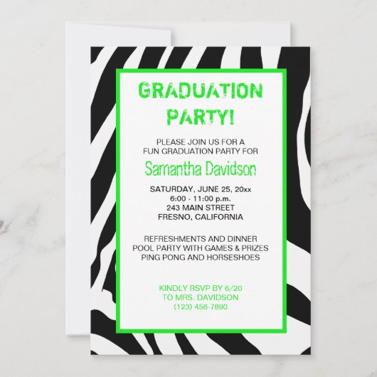 Zebra Stripe Graduation Party Invitation Green Kaart (Voorkant)