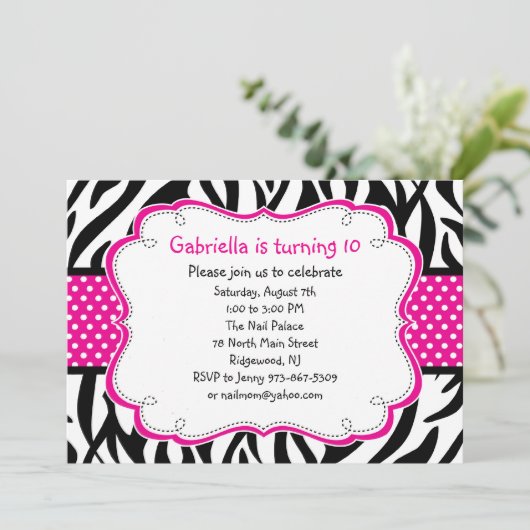 Zebra Stripe & Hot Pink Ribbon Kinder Uitnodiging (Staand voorkant)
