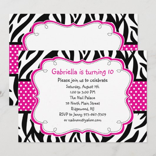 Zebra Stripe & Hot Pink Ribbon Kinder Uitnodiging (Voorkant / Achterkant)