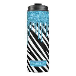 Zebra Stripe Patroon met blauwe glitter Drip Thermosbeker