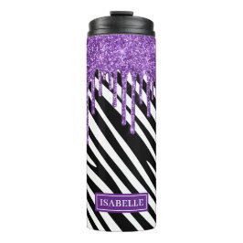 Zebra Stripe patroon met Paarse glitter Drip Thermosbeker