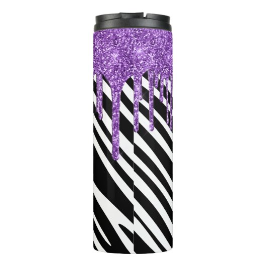Zebra Stripe patroon met Paarse glitter Drip Thermosbeker (Achterkant)