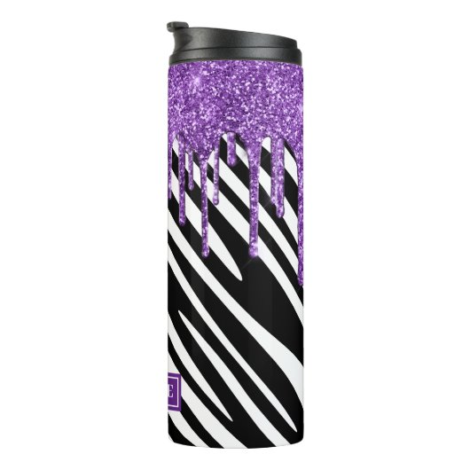 Zebra Stripe patroon met Paarse glitter Drip Thermosbeker (Geroteerd rechts)