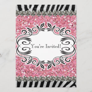 Zebra Stripe Pink Glitter Girl Birthday Uitnodigin Kaart