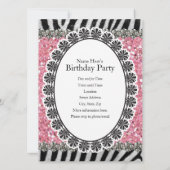 Zebra Stripe Pink Glitter Girl Birthday Uitnodigin Kaart (Achterkant)