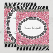 Zebra Stripe Pink Glitter Girl Birthday Uitnodigin Kaart (Voorkant / Achterkant)
