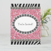 Zebra Stripe Pink Glitter Girl Birthday Uitnodigin Kaart (Staand voorkant)